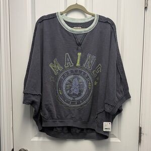 Free People Charcoal Gray Oversized Maine Graphic Sweatshirt with Mint Trim